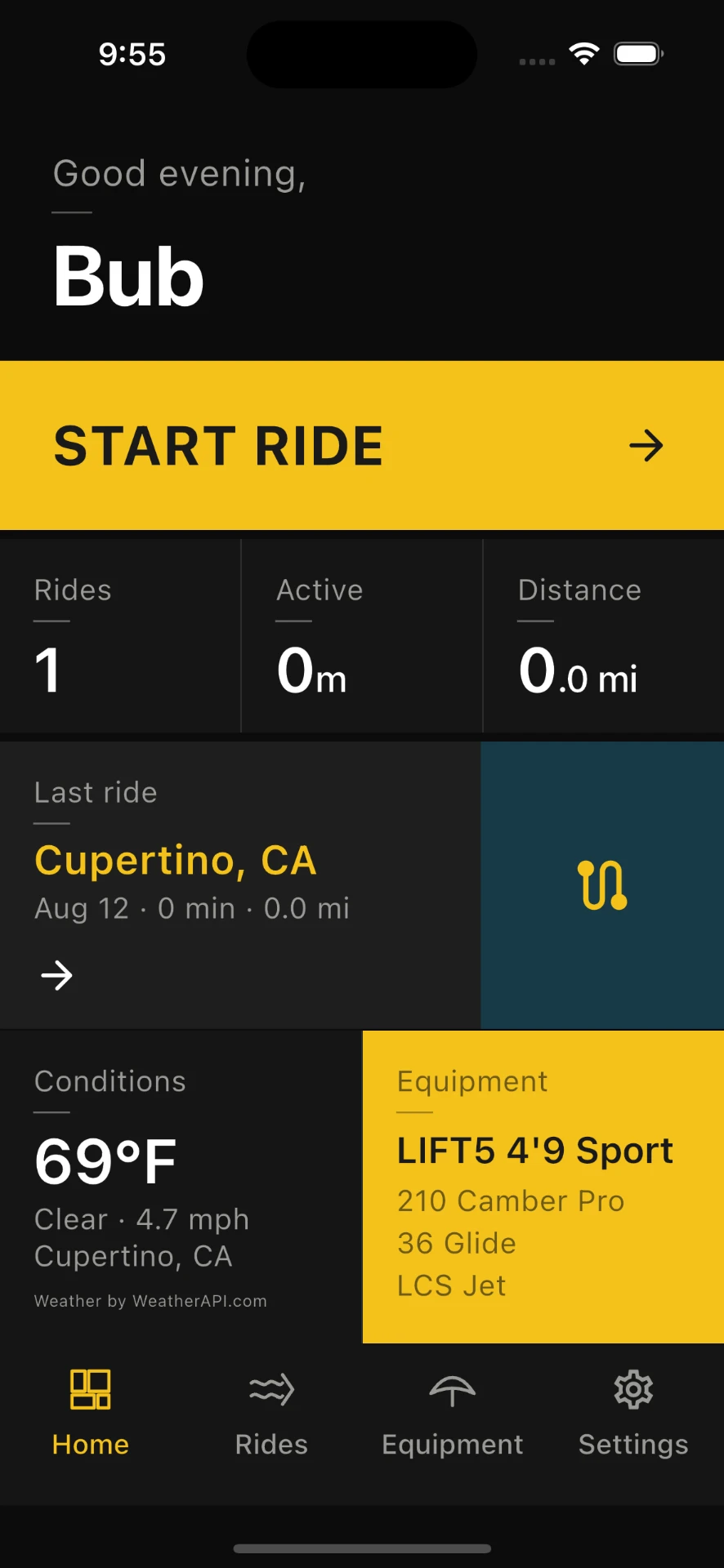 FoilBird home screen showing a start ride button, ride stats, weather conditions and equipment